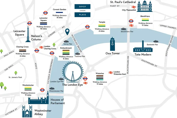 Map showing how to get to IET Savoy Place from various tube stations