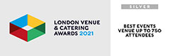 London Venue and Catering Awards 2021 - Best Events Venue Up To 750 Attendees Silver logo, links to https://londonvenueawards.co.uk/2021-winners/